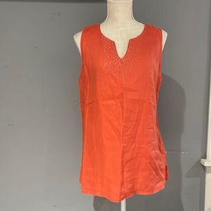 Neiman Marcus linen blouse with beading around neck and slits on sides